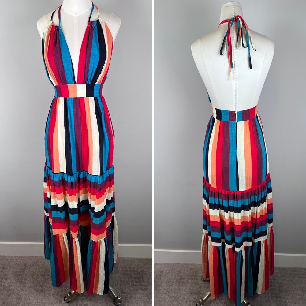 LUXXEL, Striped Colorful Maxi Dress, Halter Neck, Low Back, Small - Picture 1 of 12